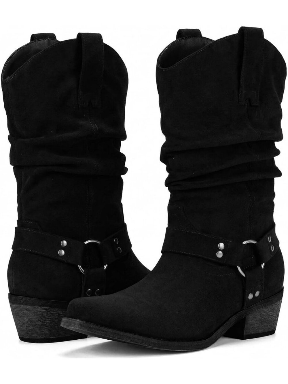 Women's Black Mid Calf Slouchy Western Buckle Strap Chunky Heel Cowgirl Boots